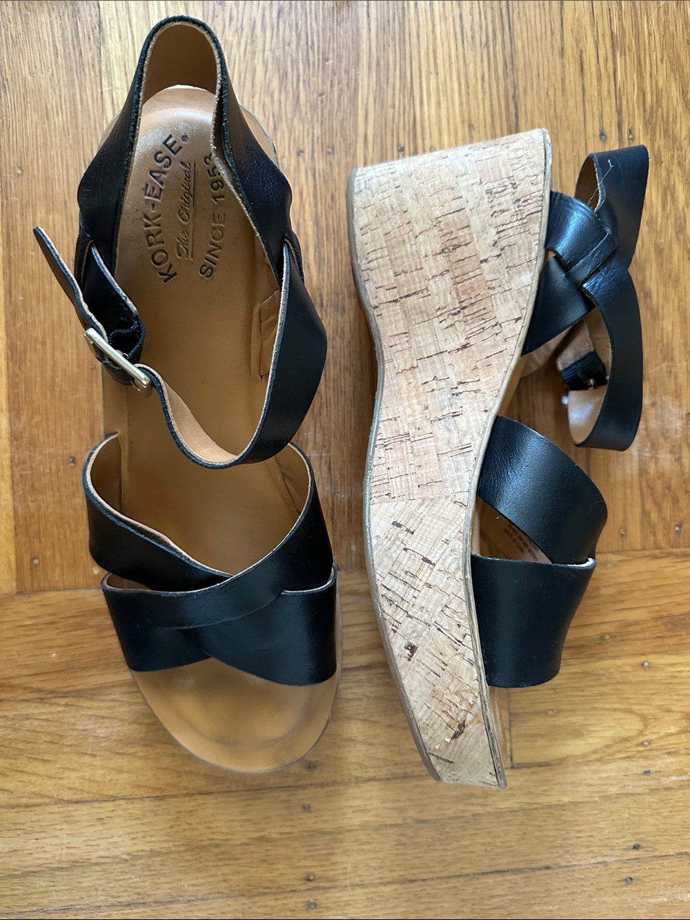Kork-Ease Black Leather Ava Crossband Sandals with Cork-Style Platform Heel 11